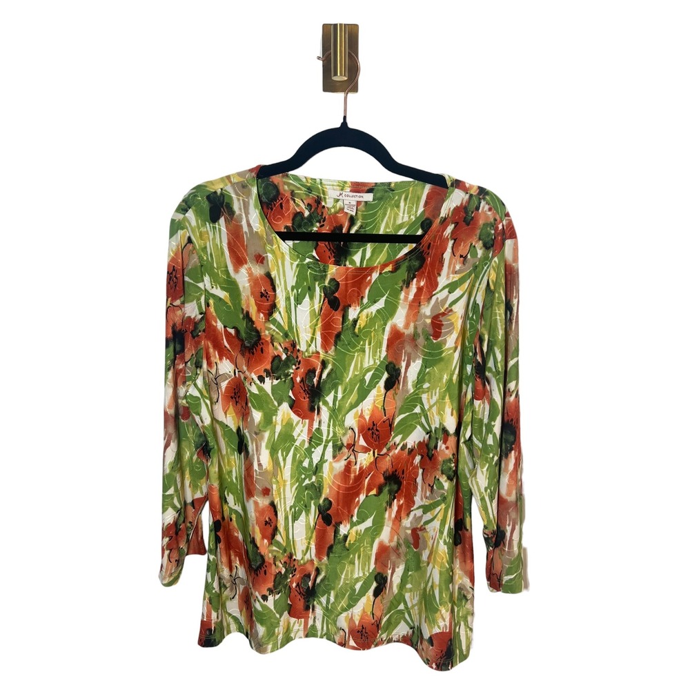 Floral Abstract Textured 3/4 Sleeve Artistic Blouse Casual Green Orange XL
